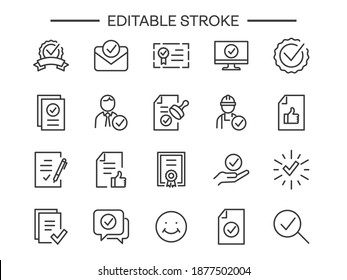 Approve editable stroke icons set Checklist, Award medal document Accepted Confirm mail Guarantee Check mark list Correct agreement accredited authorized Customs Seal stamp approved like paperwork