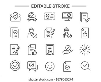 Approve editable stroke icons set Checklist, Award medal document Accepted Confirm mail Guarantee Check mark list Correct agreement accredited authorized Customs Seal stamp approved like paperwork