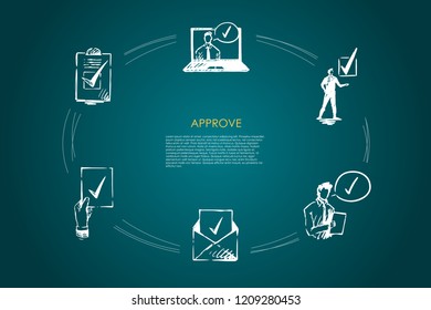 Approve - envelope, elections, choice, politician, newsletter, certificate vector concept set. Hand drawn sketch isolated illustration