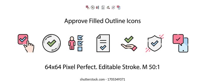 Approve Filled Outline Icons. Colorful Linear Set Vector Line Icon. Protection Guarantee, Accepted Document, Quality Check And More. 64x64 Pixel Perfect. Editable Stroke