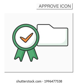 Approve folder color icon. Check in paper folder. Examine and accept. Confidential file. Confirmed concept. Isolated vector illustration