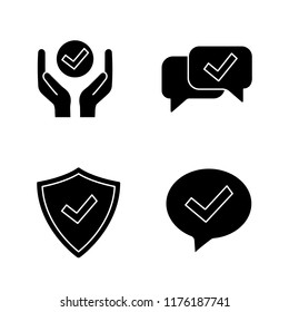 Approve glyph icons set. Verification and validation. Quality service, approved chat, confirmation dialog, shield with check mark. Silhouette symbols. Vector isolated illustration