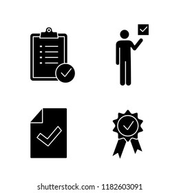 Approve glyph icons set. Verification and validation. Task planning, voter, document verification, award medal. Silhouette symbols. Vector isolated illustration