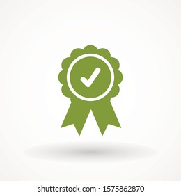 Approve icon Approved or certified medal icon in a flat design. Rosette icon. Award vector Tick sign. Green checkmark OK, Simple marks graphic design. Circle symbols YES button for vote