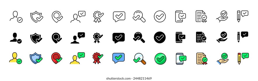 Aprobar colección de iconos. Iconos de marca de verificación. Lineal, silueta y estilo plano. Iconos vectoriales