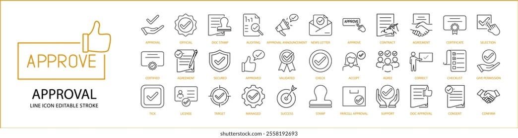 Approve Icon Set in Line Style. Approval Icons. Vector Illustration. editable Stroke.