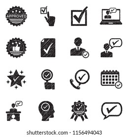 Approve Icons. Black Scribble Design. Vector Illustration.