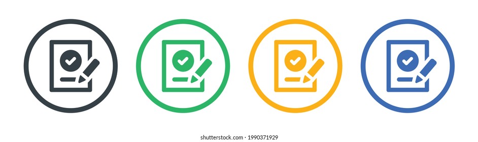 Approve icons. Check mark on paper and pen symbol. Vector illustration