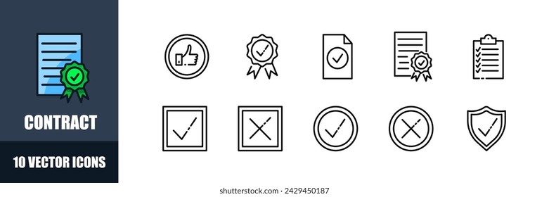 Approve icons collection. Checkmark icons. Linear, silhouette and flat style. Vector icons