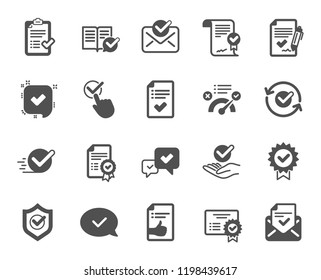 Genehmigen Sie Symbole. Set von Checkliste, Zertifikat und Prämienmedaille. Zertifiziertes Dokument, Genehmigte E-Mail-Symbole genehmigen und bestätigen. Garantiezertifikat, Prüfzeichen und Vertragszeichen. Vektorgrafik