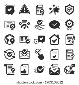 Approve icons. Set of Check List, Certificate and Award medal. Certified document, Accepted approve and Confirm mail icons. Guarantee certificate, Check mark and agreement signs. Flat icon set. Vector