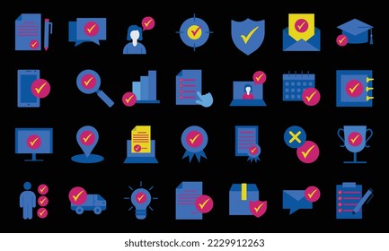 Apruebe el conjunto de iconos. Marcas de verificación, garrapatas. Conceptos de diseño gráfico modernos, colección de elementos de esquema simple. Iconos del vector