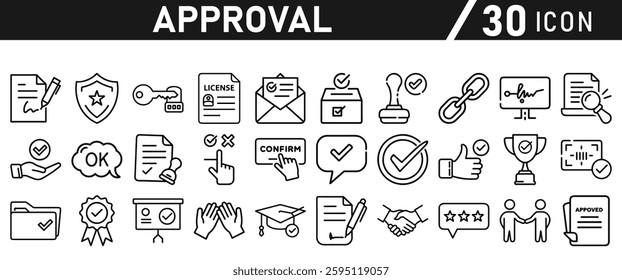 Approve Icons set. Icon for Mobile and Web. Contains icons such as Approve, Agreement, Quality Control, Certificate, Check Mark, Achievement, and Guarantee. Vector illustration