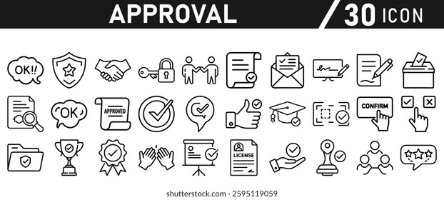Approve Icons set. Icon for Mobile and Web. Contains icons such as Approve, Agreement, Quality Control, Certificate, Check Mark, Achievement, and Guarantee. Vector illustration