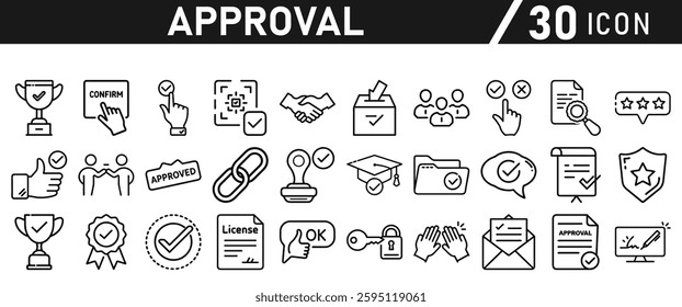 Approve Icons set. Icon for Mobile and Web. Contains icons such as Approve, Agreement, Quality Control, Certificate, Check Mark, Achievement, and Guarantee. Vector illustration