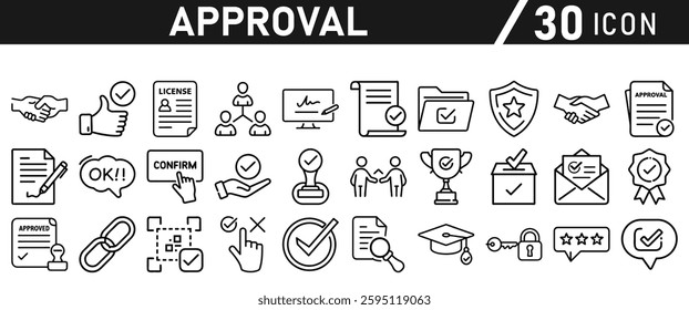 Approve Icons set. Icon for Mobile and Web. Contains icons such as Approve, Agreement, Quality Control, Certificate, Check Mark, Achievement, and Guarantee. Vector illustration