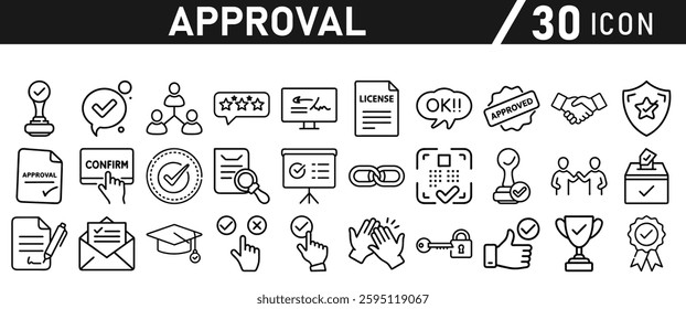 Approve Icons set. Icon for Mobile and Web. Contains icons such as Approve, Agreement, Quality Control, Certificate, Check Mark, Achievement, and Guarantee. Vector illustration