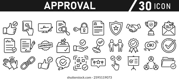 Approve Icons set. Icon for Mobile and Web. Contains icons such as Approve, Agreement, Quality Control, Certificate, Check Mark, Achievement, and Guarantee. Vector illustration