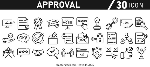 Approve Icons set. Icon for Mobile and Web. Contains icons such as Approve, Agreement, Quality Control, Certificate, Check Mark, Achievement, and Guarantee. Vector illustration