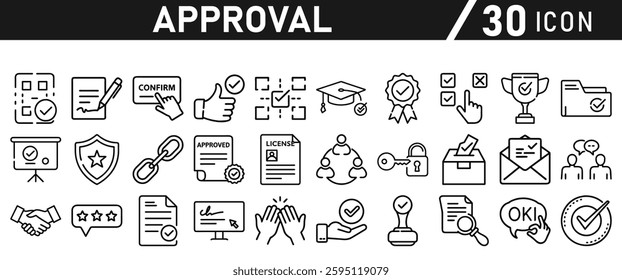 Approve Icons set. Icon for Mobile and Web. Contains icons such as Approve, Agreement, Quality Control, Certificate, Check Mark, Achievement, and Guarantee. Vector illustration