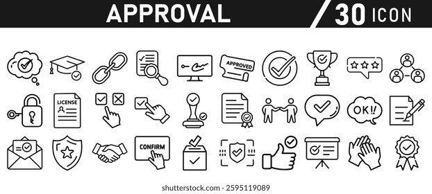 Approve Icons set. Icon for Mobile and Web. Contains icons such as Approve, Agreement, Quality Control, Certificate, Check Mark, Achievement, and Guarantee. Vector illustration