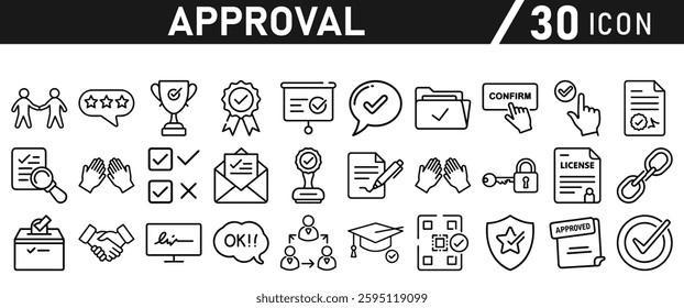 Approve Icons set. Icon for Mobile and Web. Contains icons such as Approve, Agreement, Quality Control, Certificate, Check Mark, Achievement, and Guarantee. Vector illustration