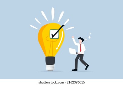 Approve idea for project, creativity for winning work presentation, solution to complete tasks concept. Happy business expressing delight with completed check pasted to idea light bulb. 