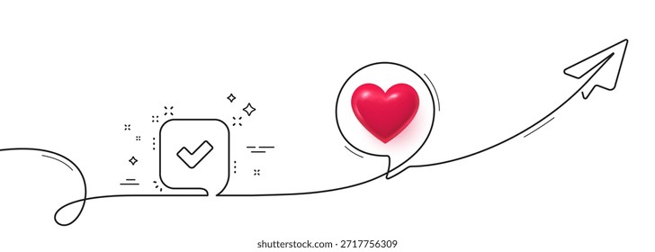 Icono de línea de aprobación. Línea continua con plano compartido. Signo aceptado o confirmado. Símbolo de la burbuja del discurso. Corazón 3D en la burbuja del discurso. Cinta de una sola línea confirmada. Patrón de curva de bucle. Vector