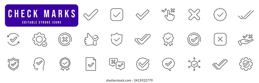 Aprobar conjunto de iconos de línea. Marcas de verificación, corregir, marcar, etc.