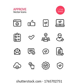 Approve line icon set. Editable Stoke. Tick, checklist, thumb up, pointing, quality control, certificate. Vector on isolated white background. Eps 10