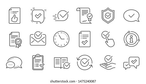 Approve line icons. Checklist, Certificate and Award medal. Certified document linear icon set. Quality line set. Vector
