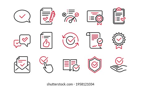 Approve line icons. Checklist, Certificate and Award medal. Thumbs up certified document linear icon set. Linear set. Quality line set. Vector
