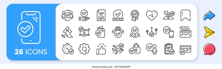 Approve line icons. Interest rate, AI generate, Inflation icons. Interviewed, accepted document, right choice. Quality check, protection, checklist icons. Vector