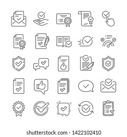 Approve line icons. Set of Certificate, Checklist and Award medal icons. Certified document, Accepted approve and Confirm mail. Guarantee, Check mark and Correct agreement. Checklist document. Vector