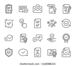 Approve Line Icons. Set Of Check List, Certificate And Award Medal Linear Icons. Certified Document, Accepted Approve And Confirm Mail Symbols. Guarantee, Check Mark And Correct Agreement Signs
