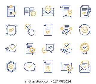 Approve line icons. Set of Checklist, Certificate and Award medal icons. Certified document, Accepted approve and Confirm mail. Guarantee, Check mark and Correct agreement. Checklist document. Vector