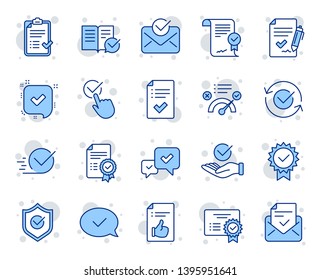 Approve line icons. Set of Checklist, Certificate and Award medal icons. Certified document, Accepted approve and Confirm mail. Guarantee, Check mark and Correct agreement. Checklist document. Vector