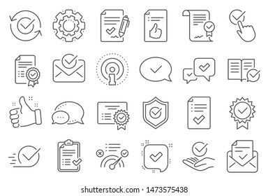 Approve Line Icons. Set Of Checklist, Certificate And Award Medal Icons. Certified Document, Accepted Approve And Confirm Mail. Guarantee, Check Mark And Correct Agreement. Checklist Document. Vector