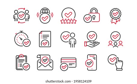 Approve line icons set. Interviewed, accepted document, approved verification. Quality check, protection, checklist icons. Guarantee document, accepted card, right choice. Flight confirmed. Vector