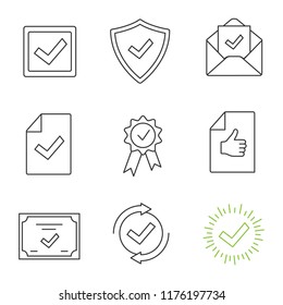 Approve linear icons set. Checkbox, approved security, email confirmation, document verification, award medal, review, certificate, testing, check mark. Isolated vector illustrations. Editable stroke