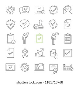 Approve linear icons set. Quality assurance. Verification and validation. Confirmation. Certificates, awards, quality badges with checkmarks. Isolated vector outline illustrations. Editable stroke