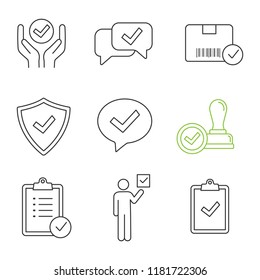 Approve linear icons set. Quality service, approved chat, delivery, security, dialog, stamp, task planning, voter, clipboard with checkmark. Isolated vector outline illustrations. Editable stroke