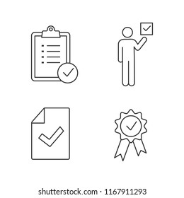 Approve linear icons set. Verification and validation. Task planning, voter, document verification, award medal. Thin line contour symbols. Isolated vector outline illustrations. Editable stroke