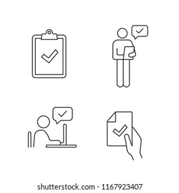 Approve linear icons set. Verification and validation. Clipboard with check mark, person checking document, contract signing, approval chat. Isolated vector outline illustrations. Editable stroke