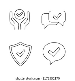 Approve linear icons set. Verification and validation. Quality service, approved chat, confirmation dialog, shield with check mark. Isolated vector outline illustrations. Editable stroke