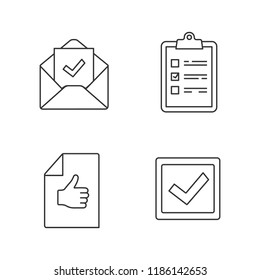 Approve linear icons set. Verification and validation. Task planning, email confirmation, checkbox, approval document. Thin line contour symbols. Isolated vector outline illustrations. Editable stroke