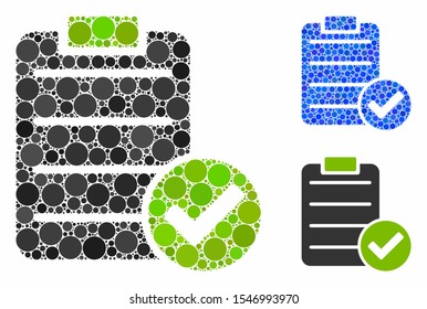 Approve list composition of filled circles in different sizes and color tinges, based on approve list icon. Vector circle elements are united into blue composition.