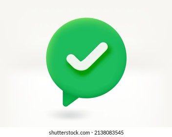 Aprobar el concepto de mensaje. Burbuja de voz con marca de verificación. Icono de vector 3d de bombilla luminosa brillante