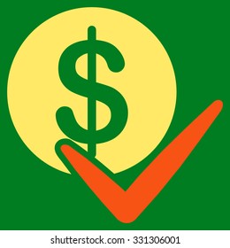 Approve Payments vector icon. Style is flat bicolor orange and yellow symbol, rounded angles, green background.