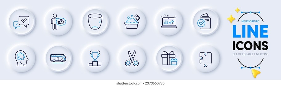 Approve, Puzzle and Launder money line icons for web app. Pack of Cut, Sound check, Glass pictogram icons. Verification document, Bus tour, Surprise package signs. Winner podium, Like. Vector